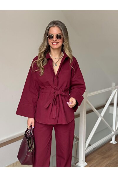 2she طقم قميص بنطلون برباط على الخصر - أحمر كلاريت