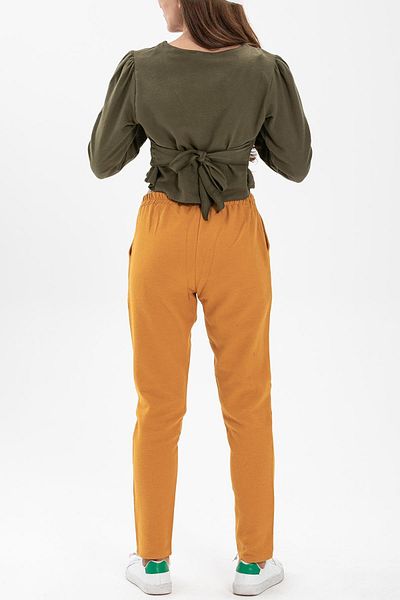 Eliş Şile Bezi Belted Flannel Autumn and Winter Trousers Mustard Hrd