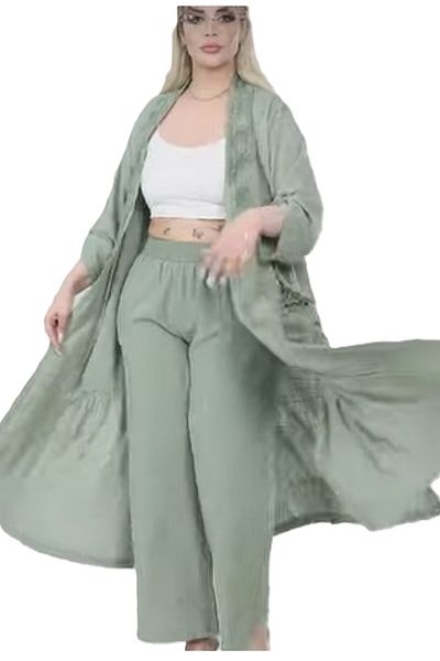 HaiModa طقم كتان - بنطلون طويل، فضفاض مفتوح من الأمام