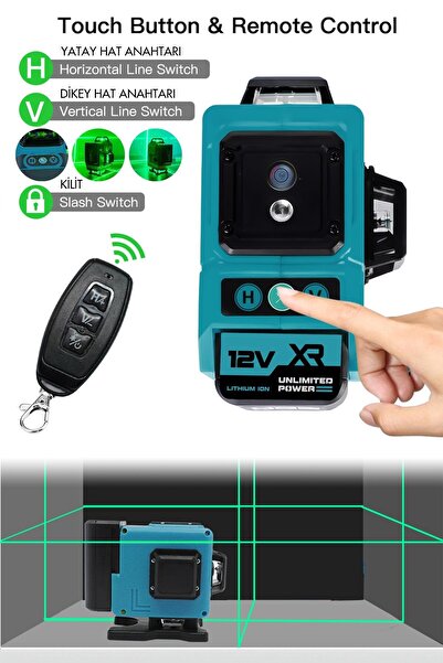 ASSUR 360° 12 Köşe Otomatik Hizalamalı Yeşil Çizgili Su Terazili Lazer Metre Hizalama