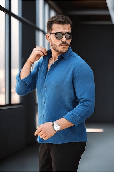 Valiberta Breathable Half Oversize Muslin Fabric Men's Shirt with Long Sleeve Collar - Indigo