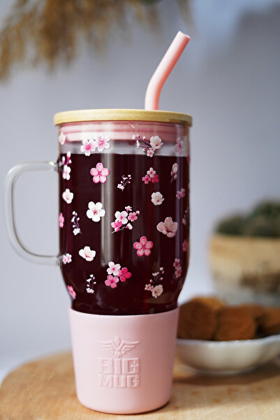 Caga Home Caga Bambu Kapaklı Kiraz Çiçeği Desenli Çelik Pipetli Bardak Cam Te...