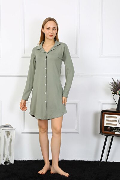 Akbeniz Khaki Colored Women's Tunic Nightgown - Long Sleeve, Buttoned - 13103