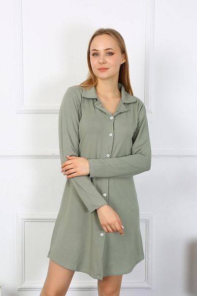 Akbeniz Khaki Colored Women's Tunic Nightgown - Long Sleeve, Buttoned - 13103