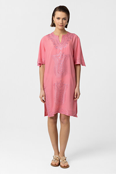 Deriderim Рожева вишита бавовняна коротка сукня з довгим рукавом без підкладки, що не потіє