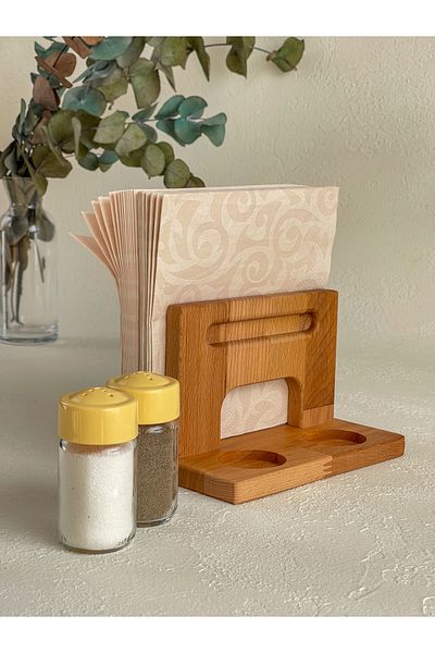 NOBLERAVEN DESIGN Glass Salt and Pepper Shakers Set with Wooden Napkin Holder Stand – Handmade Beech Wood Spice Rack