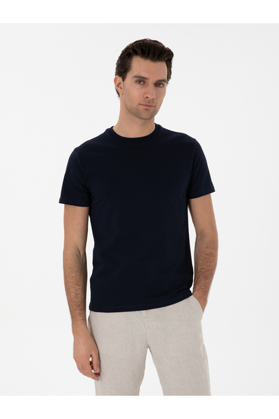 Cacharel Navy Blue Slim Fit Crew Neck Cotton Basic T-Shirt 50310023-Vr033