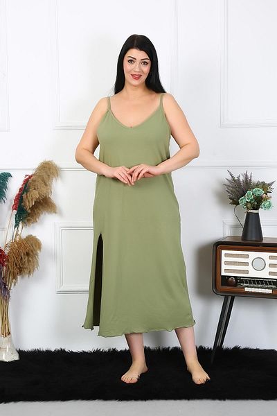 Akbeniz Women's Large Size Rope Strap Cotton Khaki Long Nightgown 12100