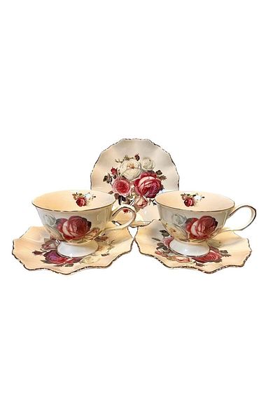 ROY KING Porcelain Set of 6 Teacups - Cream Gold Rose Pattern
