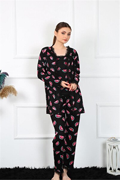 Mestore Moda Çizgi Women's 3-Piece Dressing Gown Set 16107