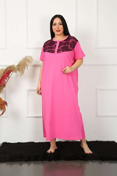 Akbeniz Fuchsia Mother's Nightgown - Big Lace, Short Sleeve, Model 1348
