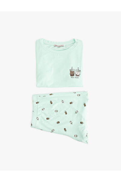 Koton Kaşkorse Viskon Kumaş Kısa Kollu Baskılı Şortlu Pijama Takımı