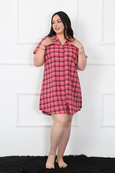 Akbeniz Plus Size Buttoned Woven Tunic Nightgown - 1024