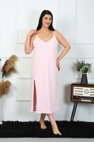 Akbeniz Plus Size Cotton Pink Long Nightgown - Rope Strap 12100