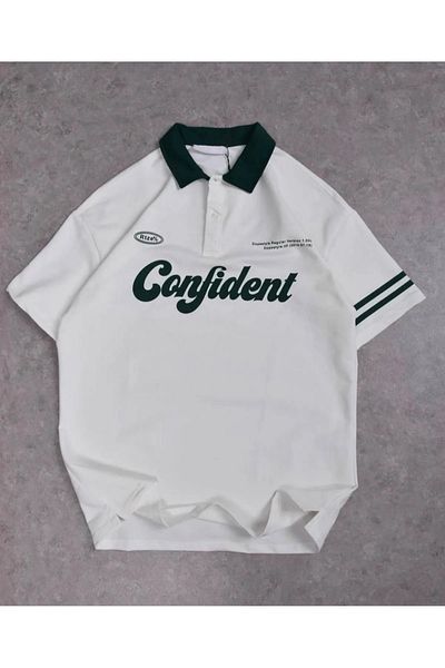 Gofeel Λευκό γιακά Canfident Print Detail Oversize Unisex Tshirt