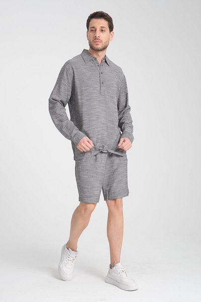 Store Men's Summer Suit, Long Sleeve Polo, Elastic Waist Top & Shorts - Modern and Stylish
