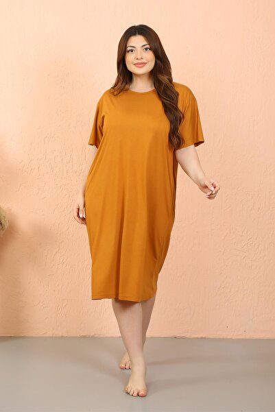 Akbeniz Plus Size Mustard Combed Cotton Nightgown - Short Sleeve 12502
