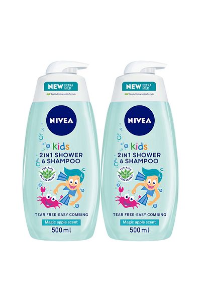 NIVEA 2in1 Kids Shower & Shampoo with Bio Aloe Vera, Apple Scent, 500ml, Pack of 2