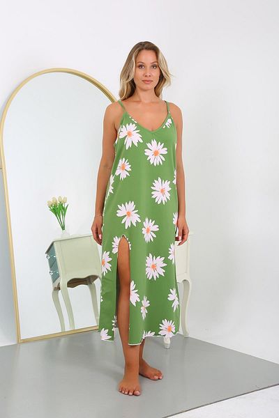 Akbeniz Green Cotton Long Nightdress - Women's Plus Size, Rope Strap 12104