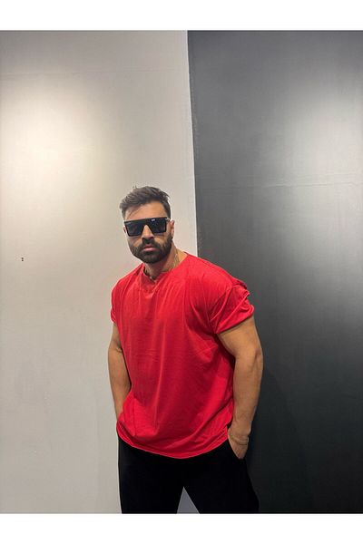 Bas Body FitnessWear V-Neck Sleeves Tight Oversize Fit Model Red 100% Cotton Training T-Shirt