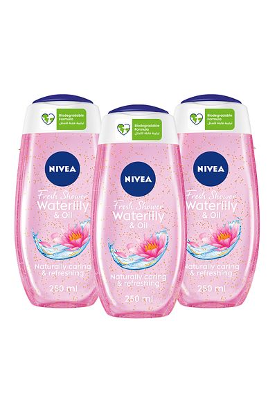 NIVEA Waterlily & Oil Shower Gel, Caring Oil Pearls, Waterlily Scent, 250ml, Pack of 3
