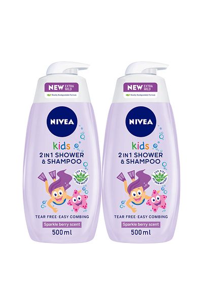 NIVEA 2in1 Kids Shower & Shampoo with Bio Aloe Vera, Berry Scent, 500ml, Pack of 2