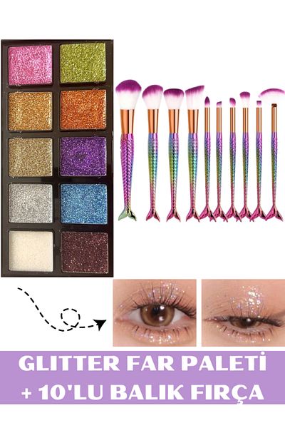 NUNUKO Glitter Shadow Palette and Glitter Fish Makeup Brush Set - 10 Pieces
