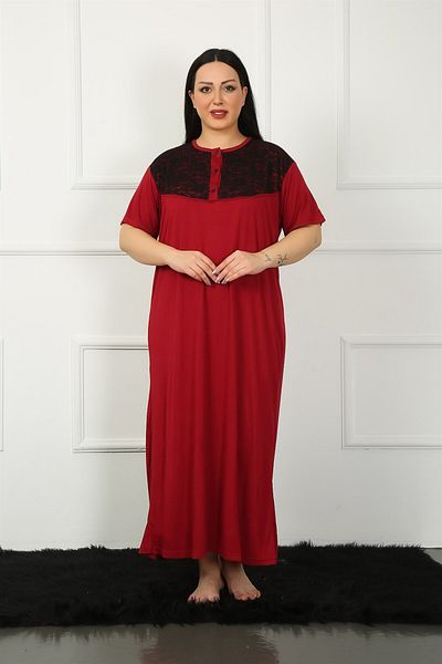 Akbeniz Big Lace Short Sleeve Claret Red Mother's Nightgown 1348
