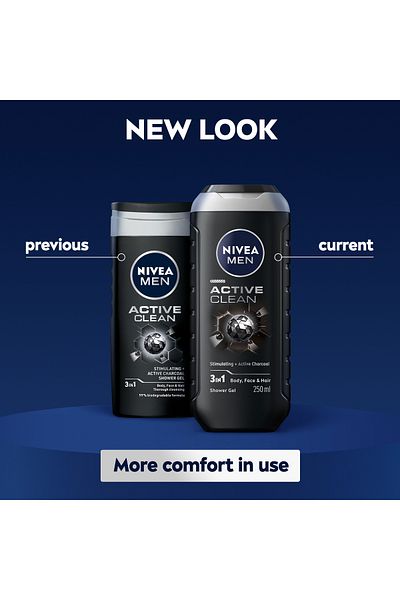 NIVEA MEN Active Clean Charcoal Shower Gel 3in1, Woody Scent, 250ml, Pack of 2