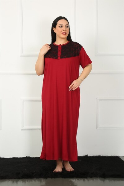 Akbeniz Big Lace Short Sleeve Claret Red Mother's Nightgown 1348