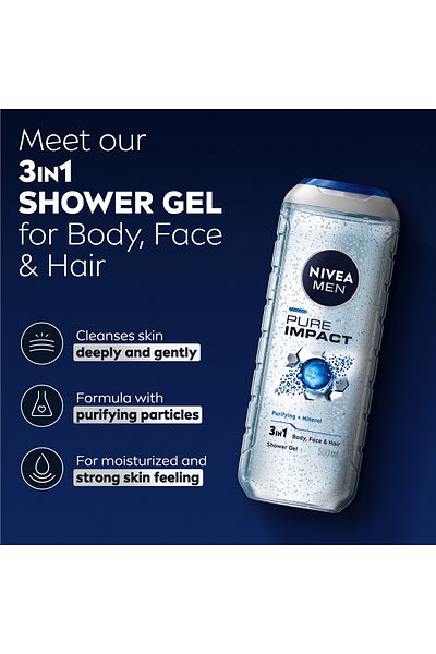NIVEA MEN Pure Impact Shower Gel 3in1, Fresh Scent, 500ml, Pack of 2