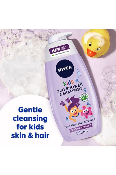 NIVEA 2in1 Kids Shower & Shampoo with Bio Aloe Vera, Berry Scent, 500ml