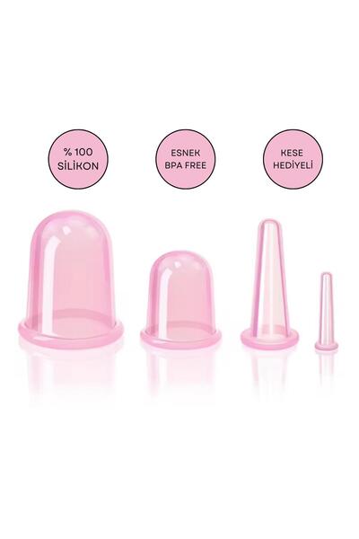 Naturachi Silikon Vakumlu Selülit Ve Yüz Masaj Kupa Seti 4'lü Pembe Renk