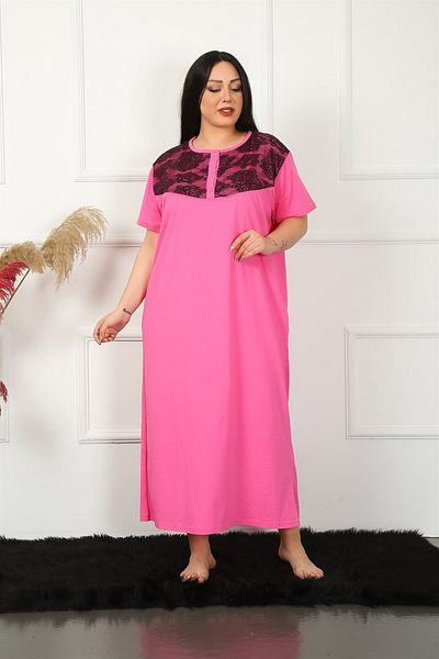 Akbeniz Fuchsia Mother's Nightgown - Big Lace, Short Sleeve, Model 1348