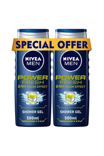 NIVEA MEN Power Fresh Shower Gel 3in1, 24h Fresh Effect, Citrus Scent, 500ml, Pack of 2