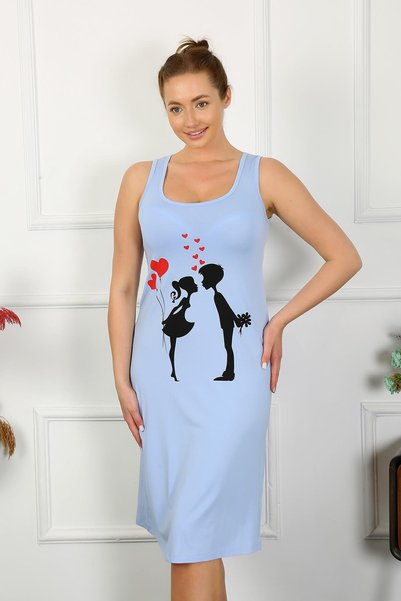 Mestore Fashion Line Women's Thick Strap Combed Cotton Long Blue Nightgown 12001