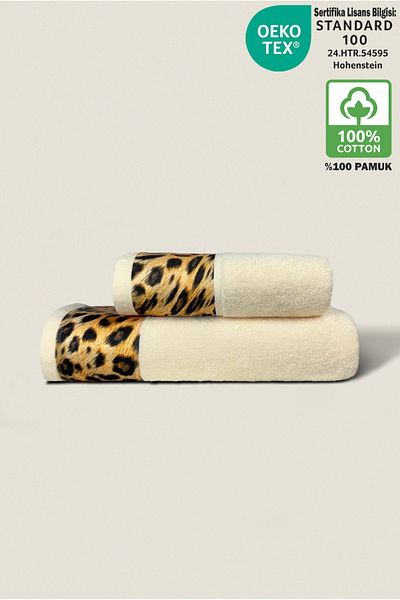 Ellaline Σετ πετσετών μπάνιου Leopard 100% βαμβακερό πιστοποιημένο, 2 τεμάχια, 50x90 - 70x140cm Κρεμ χρώμα πετσετών με σχέδια
