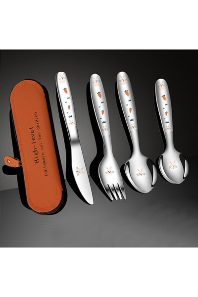 jojobebek Carrot Design Stainless Steel Fork, Spoon and Knife Set + Storage Container (5 Pieces)