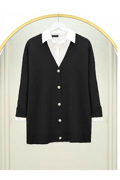 Modamorfo Buttoned Ribbed Knitwear Cardigan -Black