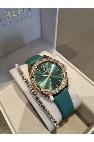 Daniel Klein New? Model Green Leather Women's Watch+Gift Bracelet with Stones
