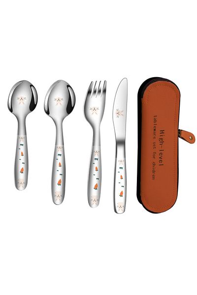 jojobebek Carrot Design Stainless Steel Fork, Spoon and Knife Set + Storage Container (5 Pieces)