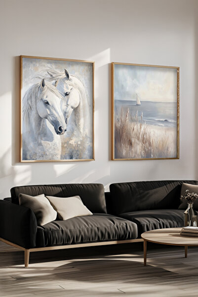 STARYUNA Yağlı boya efektli at tablosu, ahşap çerçeveli atlı 2'li tablo seti Yuna182