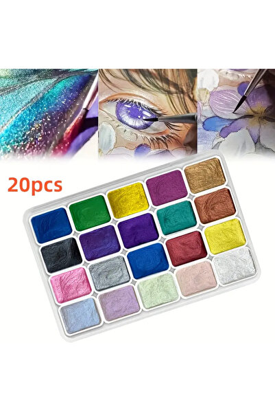 Art Tone Plastik Kutuda Profesyonel Tablet Sulu Boya Set 20 Adet Renk Metalik Renkler Glitter Katı Pigment