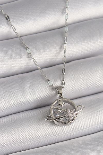 Skygo Chain Seat 316L Steel Silver Tone Zircon Star Detail Planet Model Women's Necklace