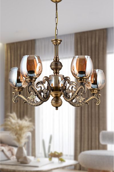 DEDE FIVE-ARMED SAVA ZAMAK CHANDELIER WITH HONEY COLOR GLASS