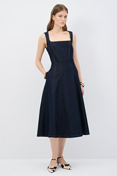adL Dikiş Detaylı Midi Denim Elbise