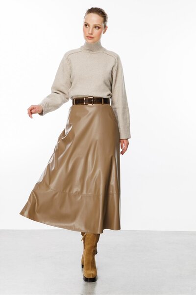 accort Cep Detaylı Uzun Deri Etek-VİZON