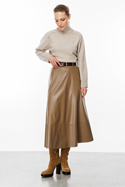 accort Cep Detaylı Uzun Deri Etek-VİZON