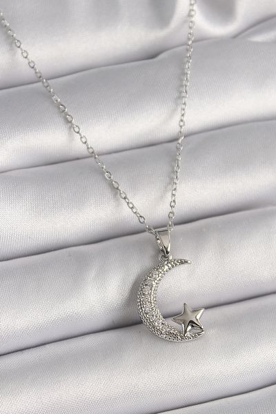Skygo 316L Steel Silver Color Chain Zircon Stone Crescent Model Star Detail Women's Necklace - Tj-Bko9655