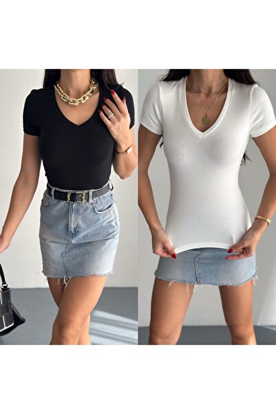 By Kuzey Aras Tricou de bază pentru femei, modal, cu decolteu în V - Textură ...